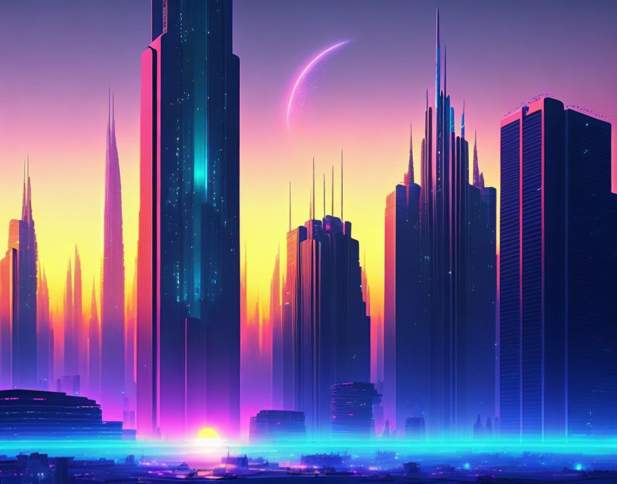 Futuristic cityscape at sunset with neon-lit skyscrapers in vibrant purple and pink sky