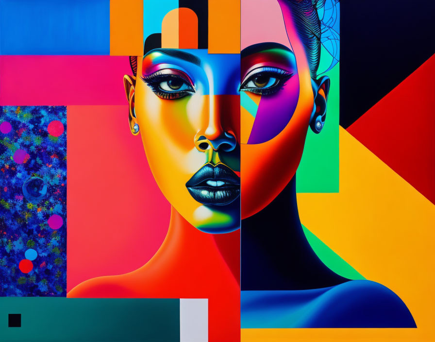 Colorful abstract portrait of a woman with geometric background
