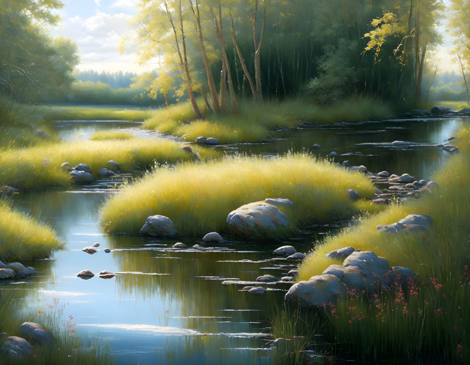 Tranquil riverscape with sunlight, trees, grassy banks, and stones