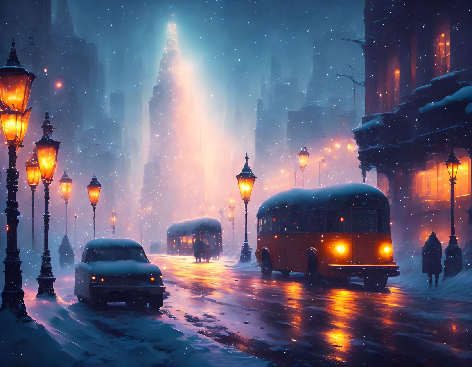 Snowy Cityscape Night Scene with Vintage Bus & Glistening Streets