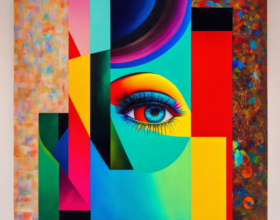 Vibrant abstract geometric art with hyper-realistic eye focal point