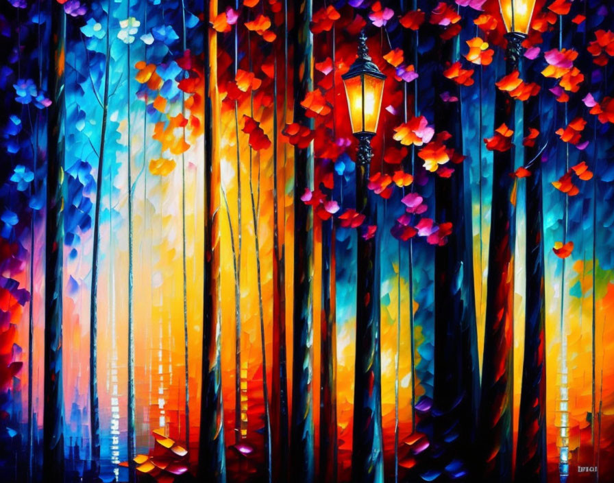 Colorful forest painting with bright blue, red, and purple foliage and a glowing lantern.