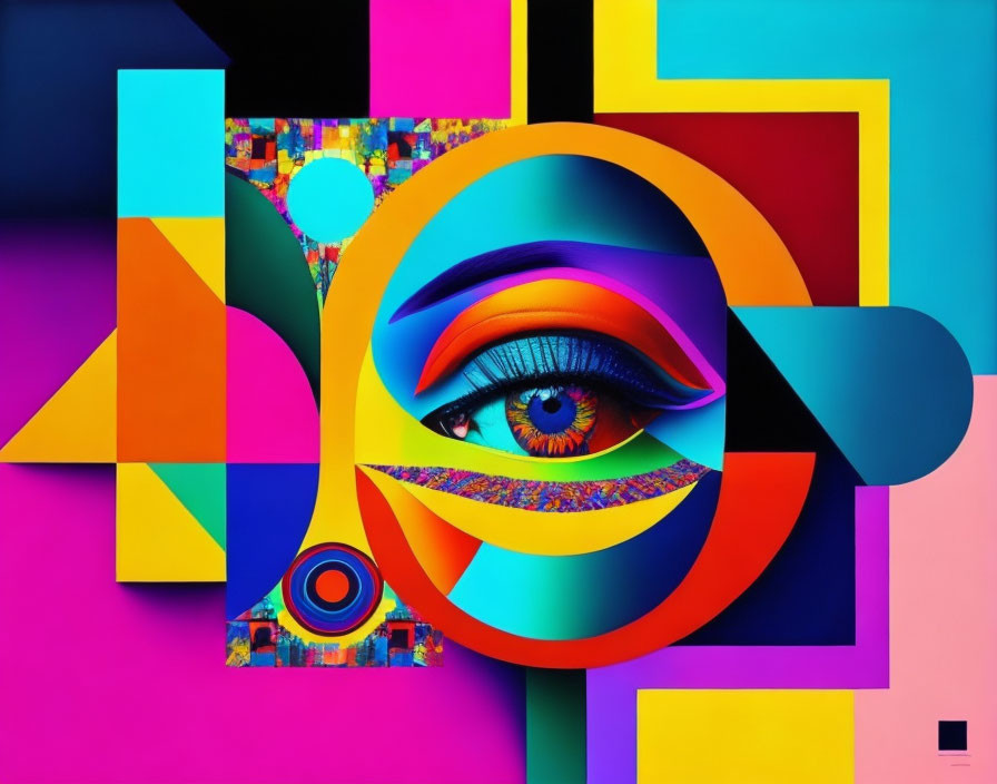 Colorful Digital Artwork: Realistic Human Eye with Abstract Geometric Shapes