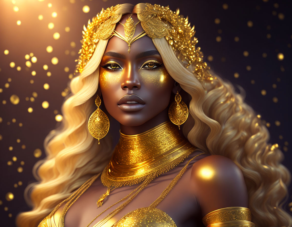Golden-skinned woman adorned in gold jewelry and headdress on a shimmering background