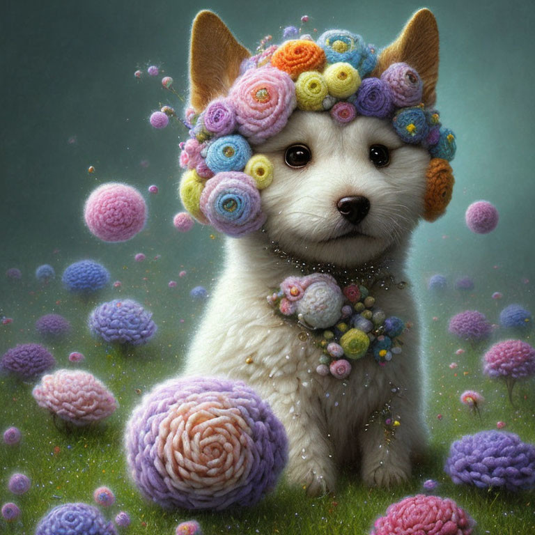 Fluffy white dog with yarn flower headband and wool balls for a whimsical look