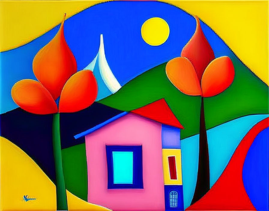 Colorful abstract painting: pink house, blue window, red flowers, curved shapes in blue, green