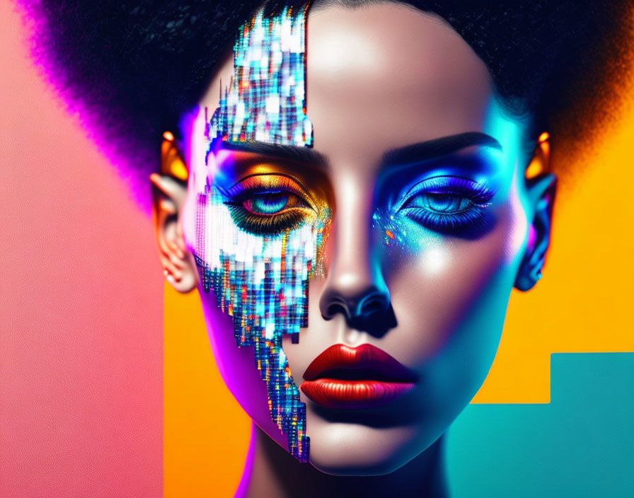 Colorful Portrait with Digital Pixelated Effect on Face