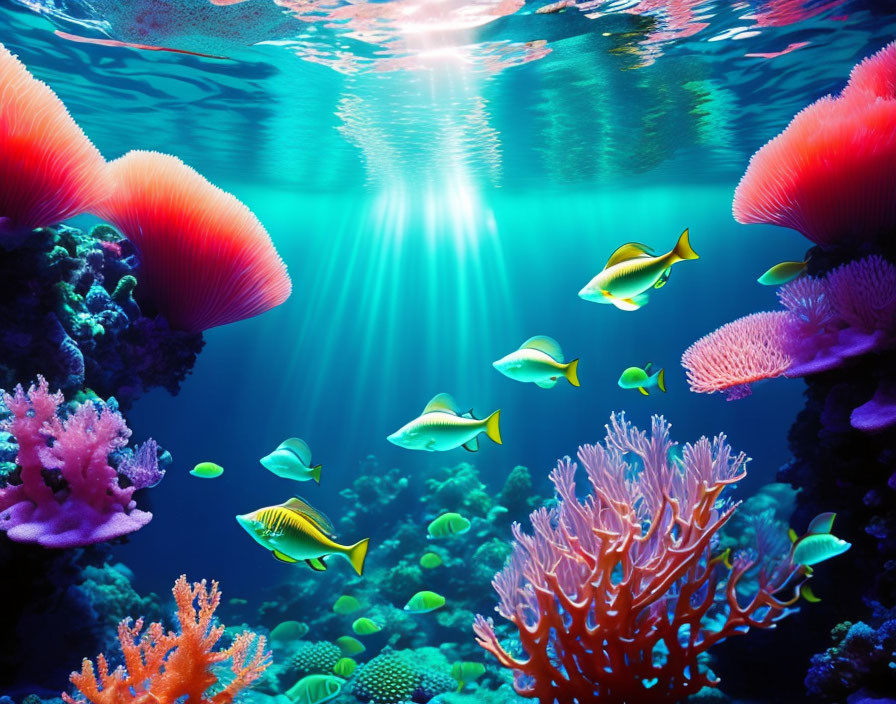 Colorful Tropical Fish and Coral Reefs in Sunlit Underwater Scene