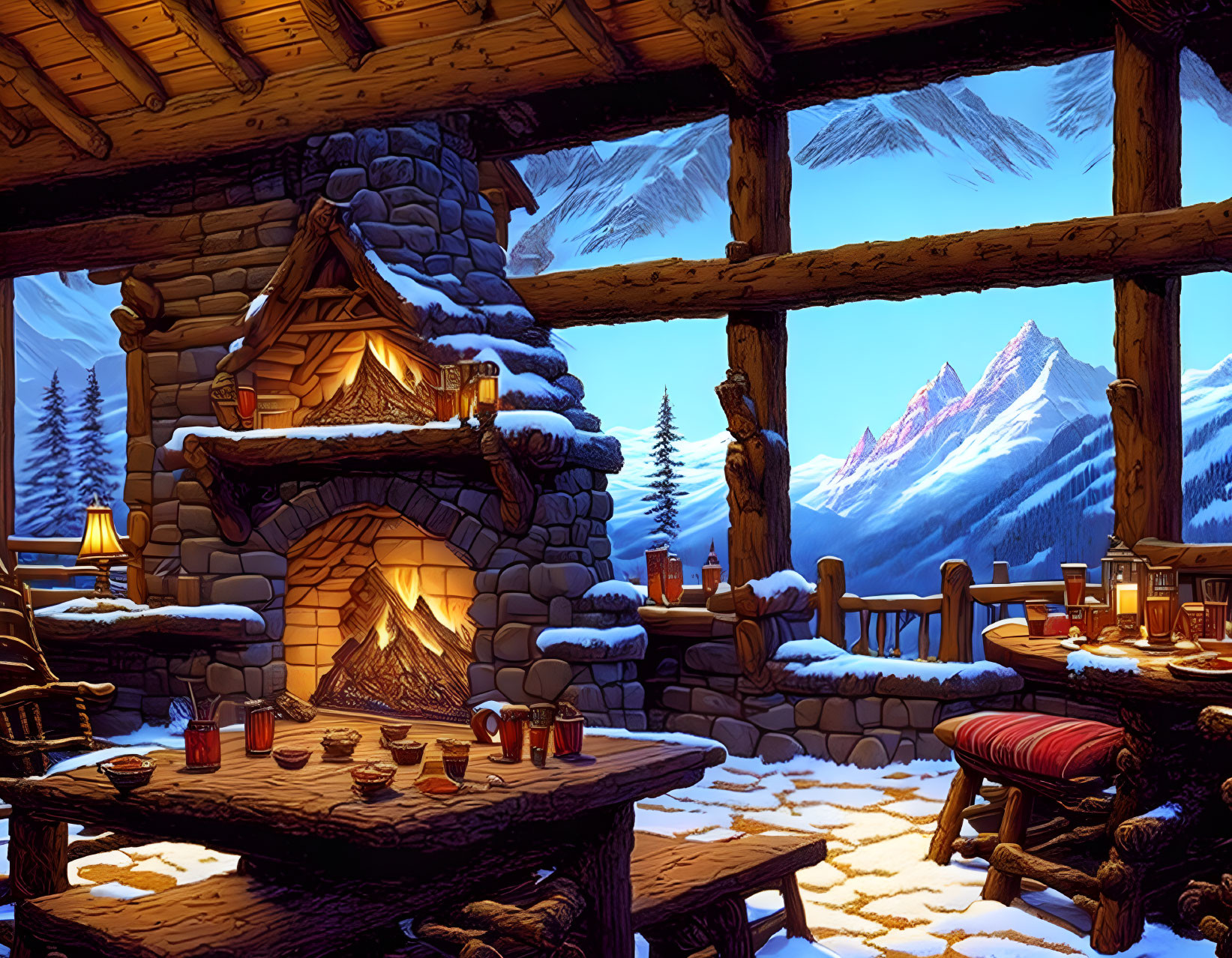 Snowy Mountain Cabin Interior with Fireplace & Wooden Furniture