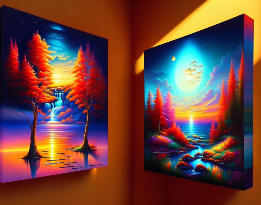 Vibrant paintings of luminescent trees in tranquil landscapes