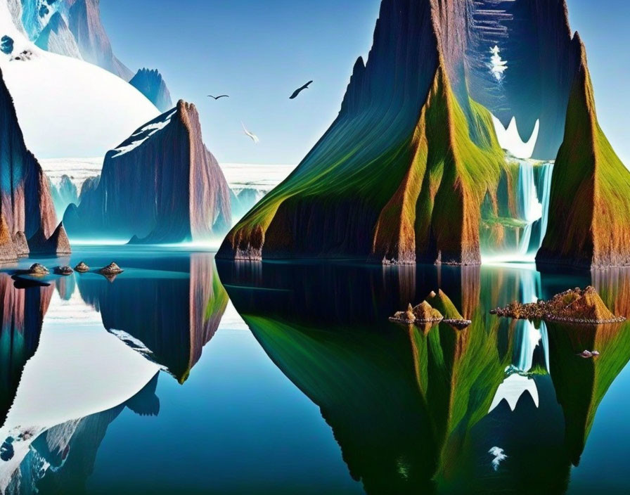 Tranquil landscape with green cliffs, waterfall, icebergs, and birds