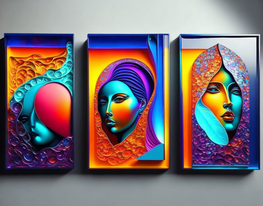 Colorful Stylized Female Portrait Paintings on Grey Wall