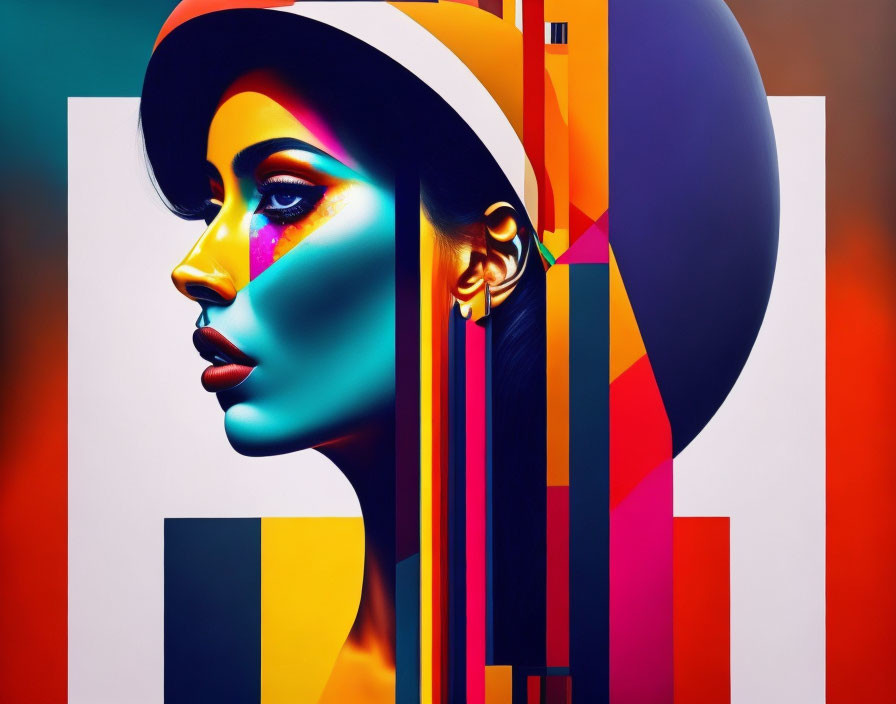 Vibrant digital portrait of woman with colorful makeup and abstract geometric background