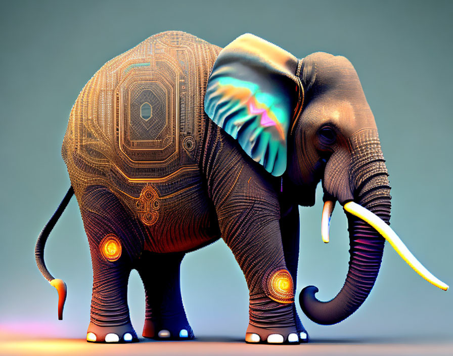 Vibrant neon patterns on elephant with glowing tusks