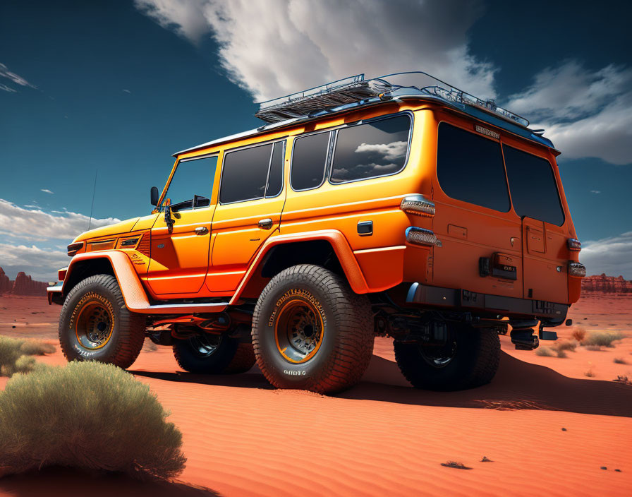 Orange Off-Road Vehicle with Roof Rack in Red Desert Sand