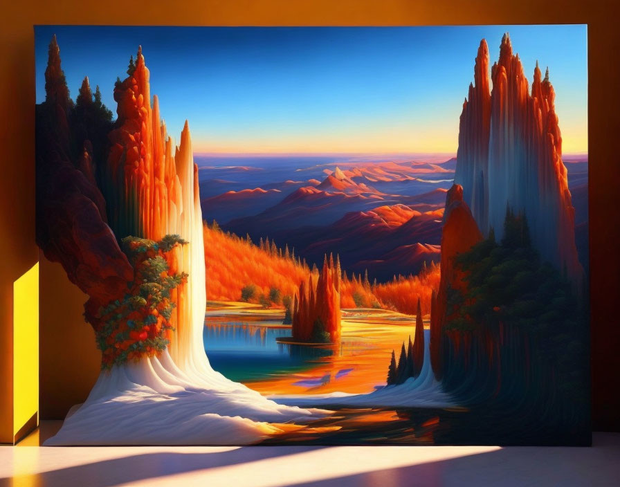 Scenic landscape painting of autumn trees, cliffs, and lake reflections