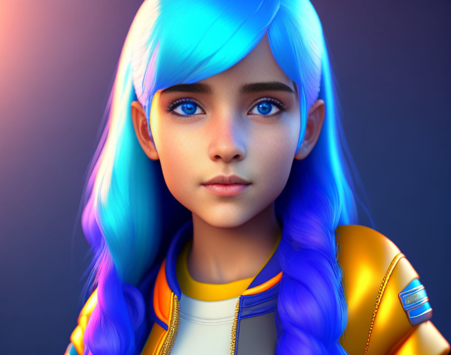 3D Blue-Haired Tween Girl Portrait"