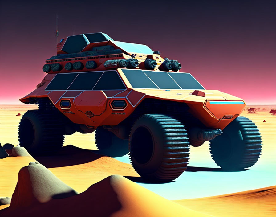 Futuristic orange and black rover on Martian landscape