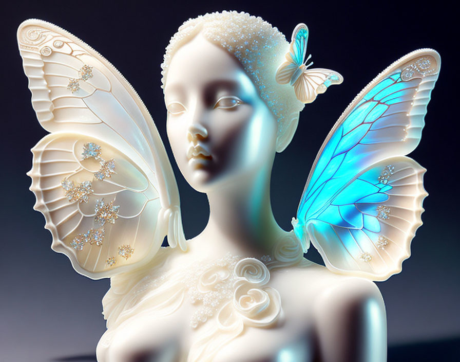 Female figure with translucent butterfly wings and floral accents in blue hues