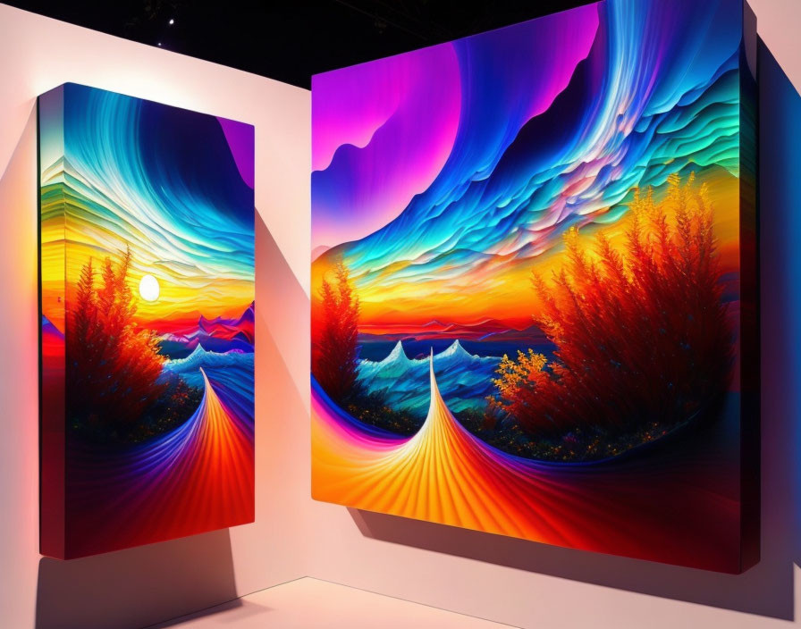 Colorful 3D Surreal Landscape Art in Gallery Display