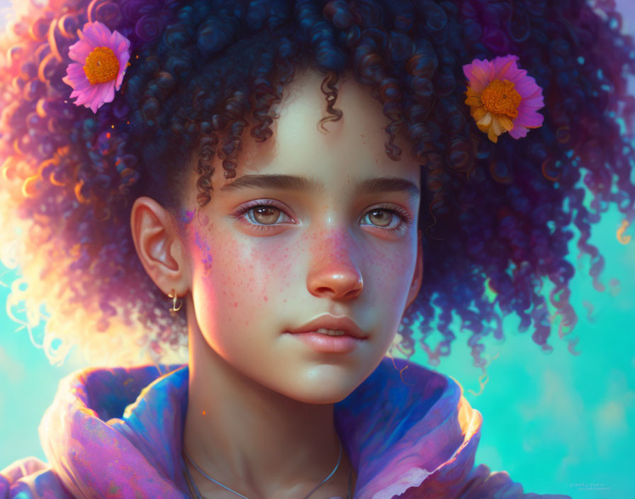 Young girl with curly hair and flowers in a purple hoodie - Digital portrait