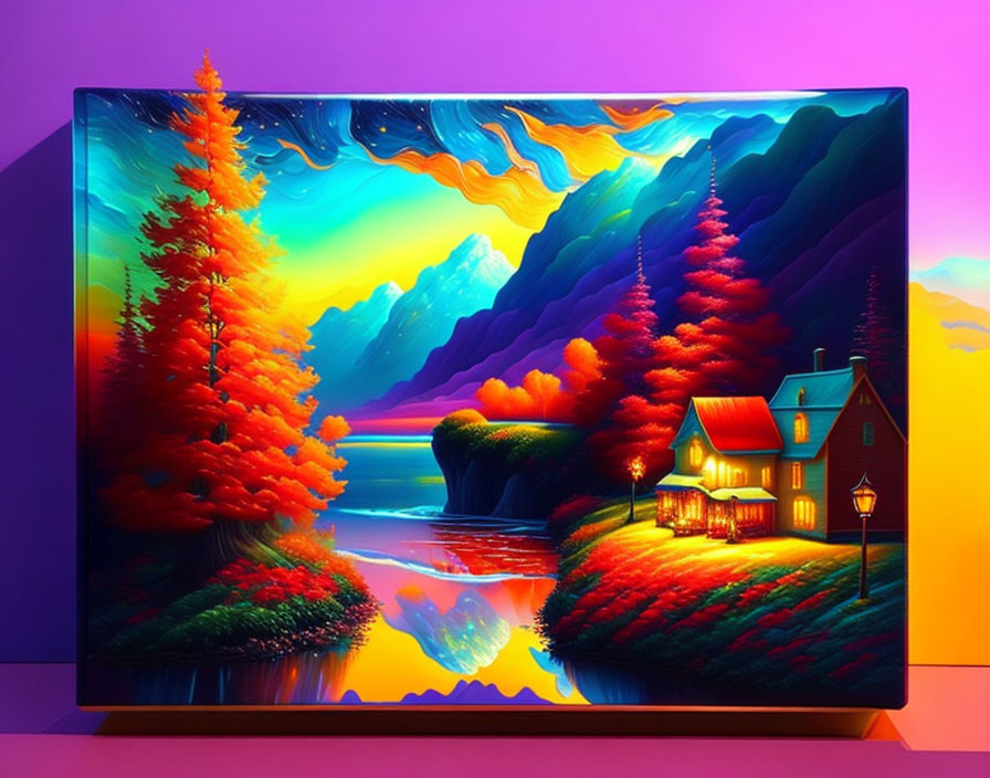 Surreal autumn landscape with trees, mountain, river, and cozy house