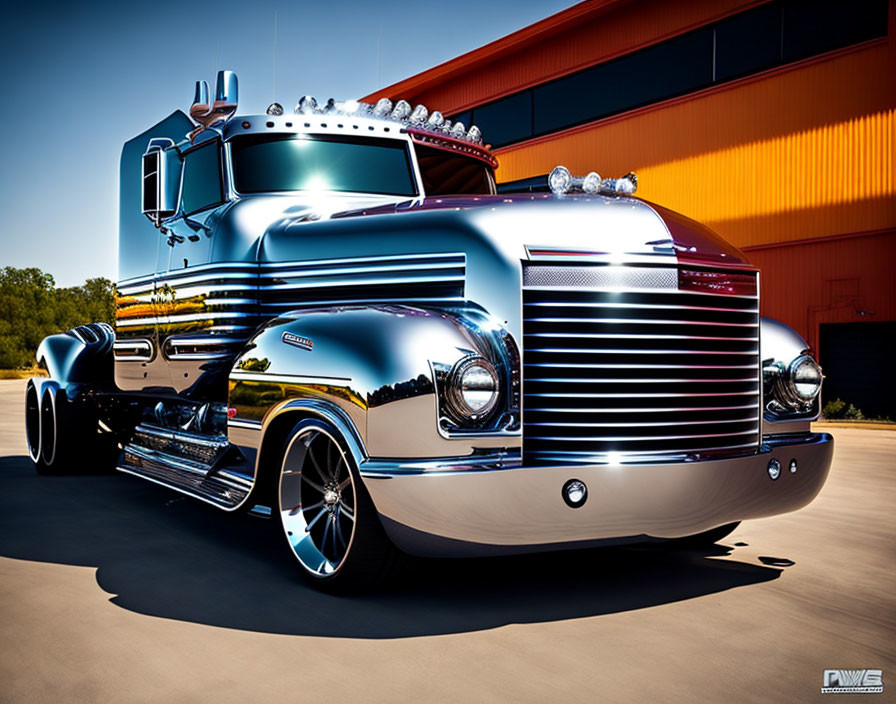 Custom Shiny Chrome Semi-Truck with Blue Accents Parked Outdoors
