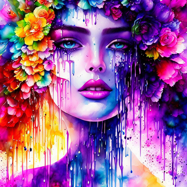 Colorful watercolor portrait of a woman with floral elements