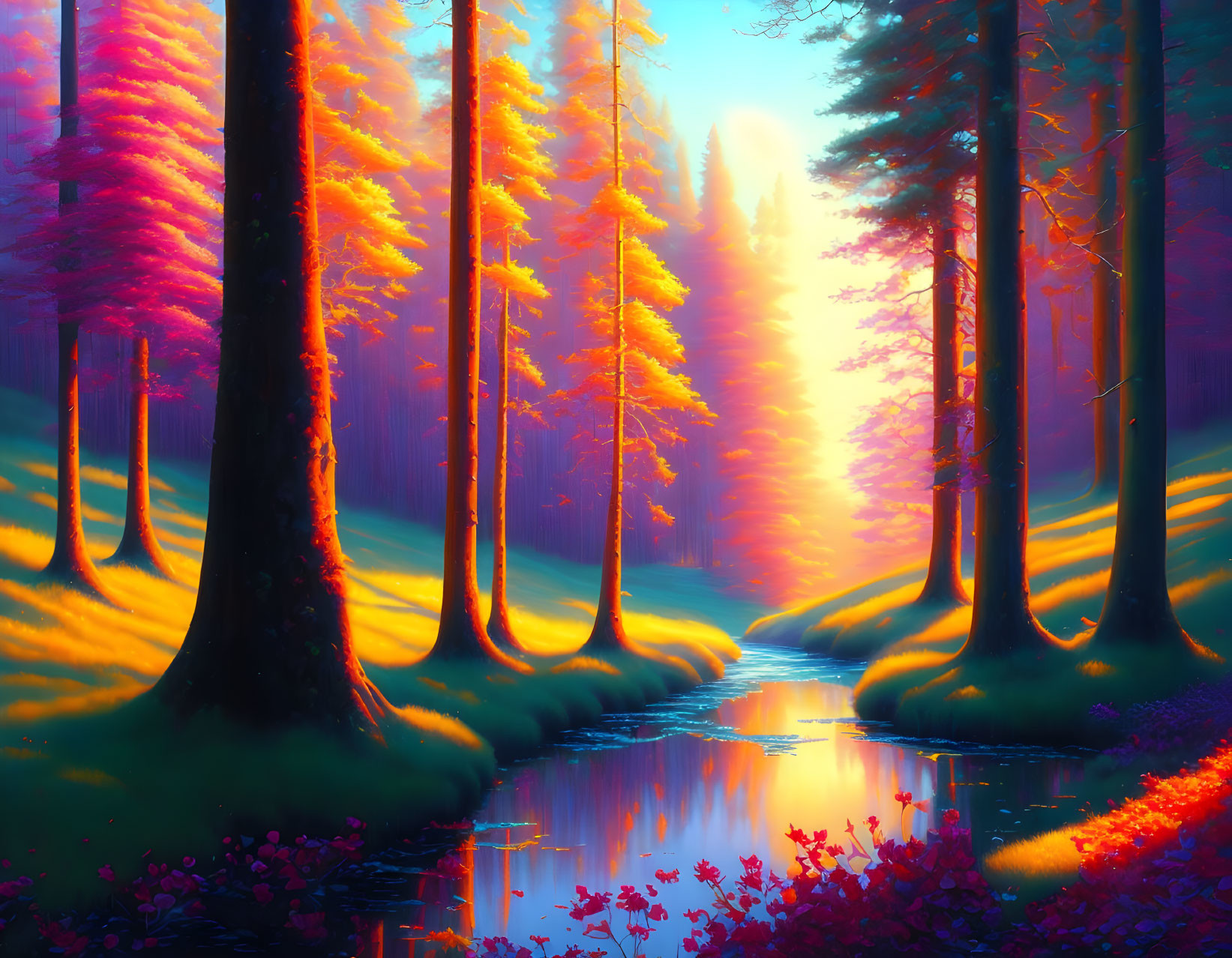 Colorful Forest Scene: Pink and Orange Foliage, Sunset Glow, Tranquil Stream