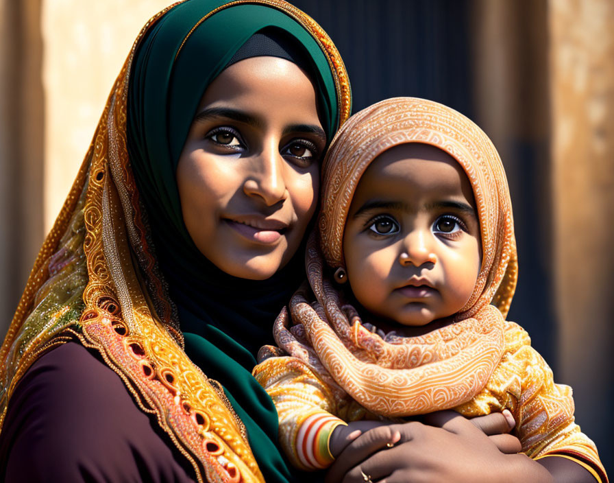 Woman in hijab smiling with young child in hijab against blurred background