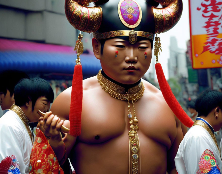 Traditional Asian Costume with Elaborate Headdress in Street Parade