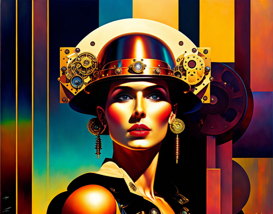 Colorful Steampunk Portrait with Gear-Driven Headwear