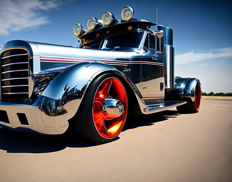 Custom Semi-Truck with Chrome Detailing and Red Underglow on Sunny Day