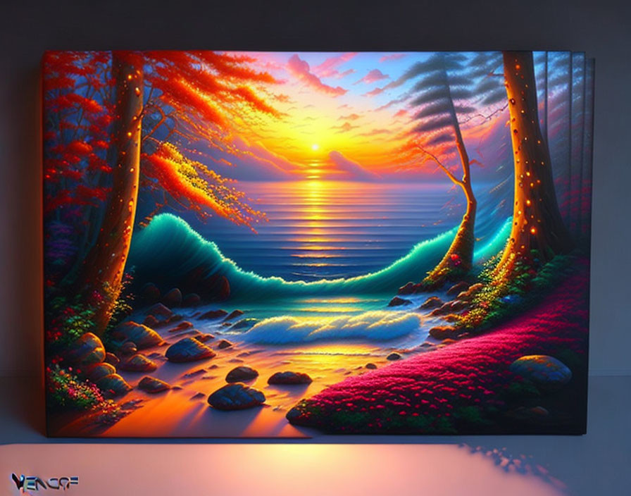Colorful Sunset Painting with Neon Waves and Beach Scenery