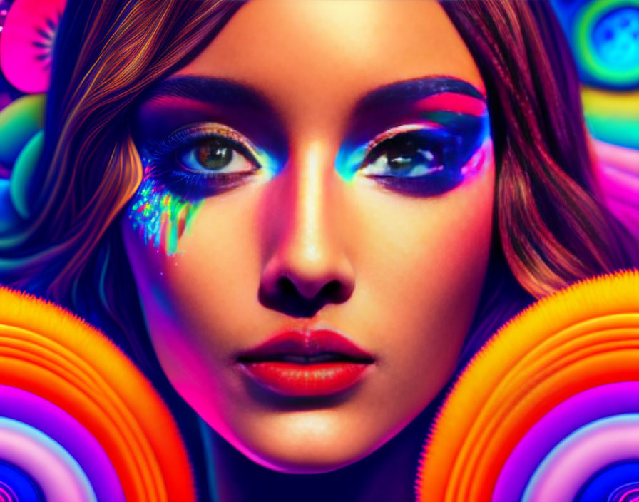 Vibrant multicolored makeup on woman in digital portrait