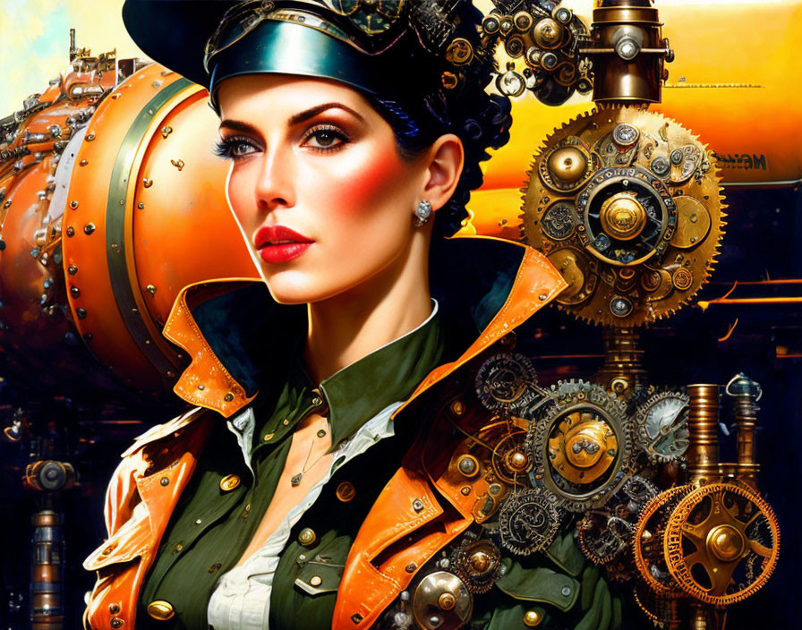Steampunk-themed woman with mechanical gears and brass device in industrial sci-fi setting