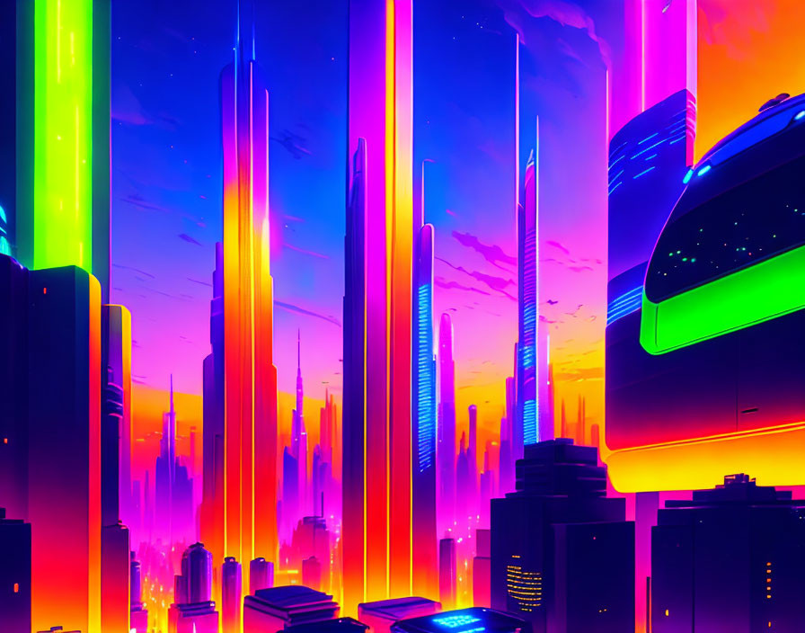 Futuristic cityscape with neon skyscrapers and flying vehicle at dusk