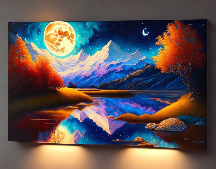 Night scene painting with full moon, mountains, river, autumn trees, and crescent moon.