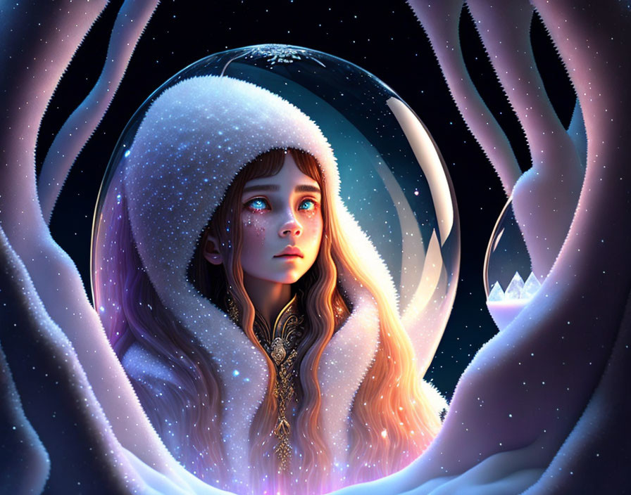 Illustration: Young girl in snowy scene with ethereal hands and glowing orb