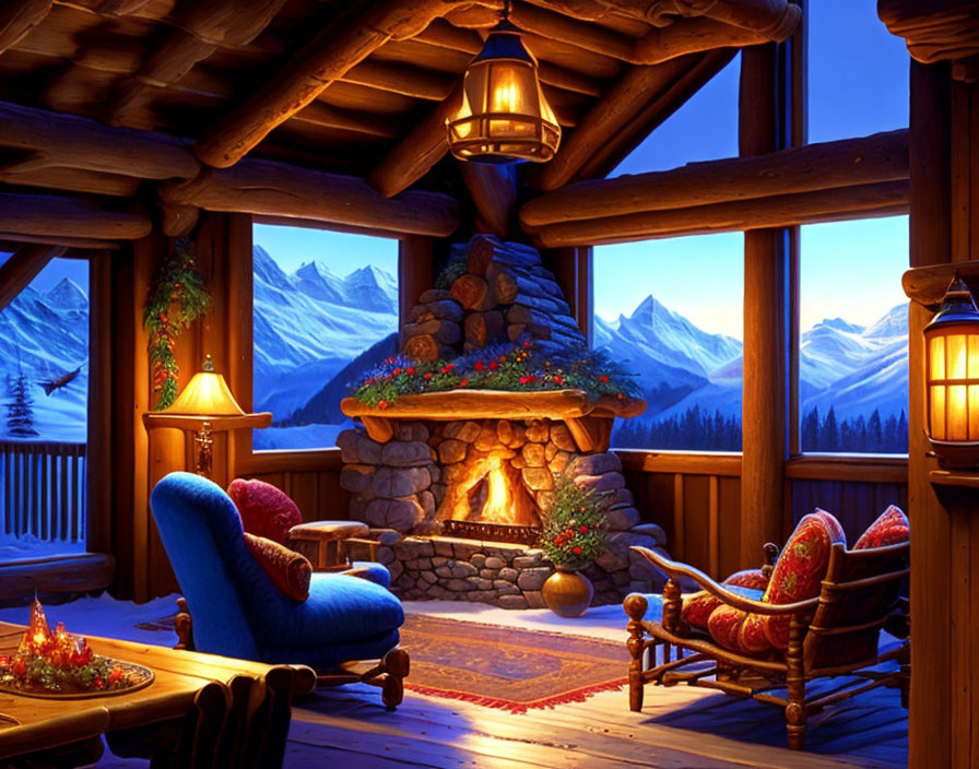 Snowy Mountain View from Cozy Log Cabin Interior