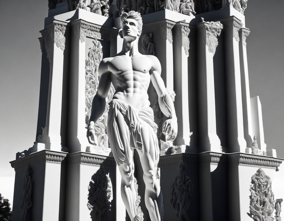 Monochromatic classical statue of muscular male figure with columns and sculptures.