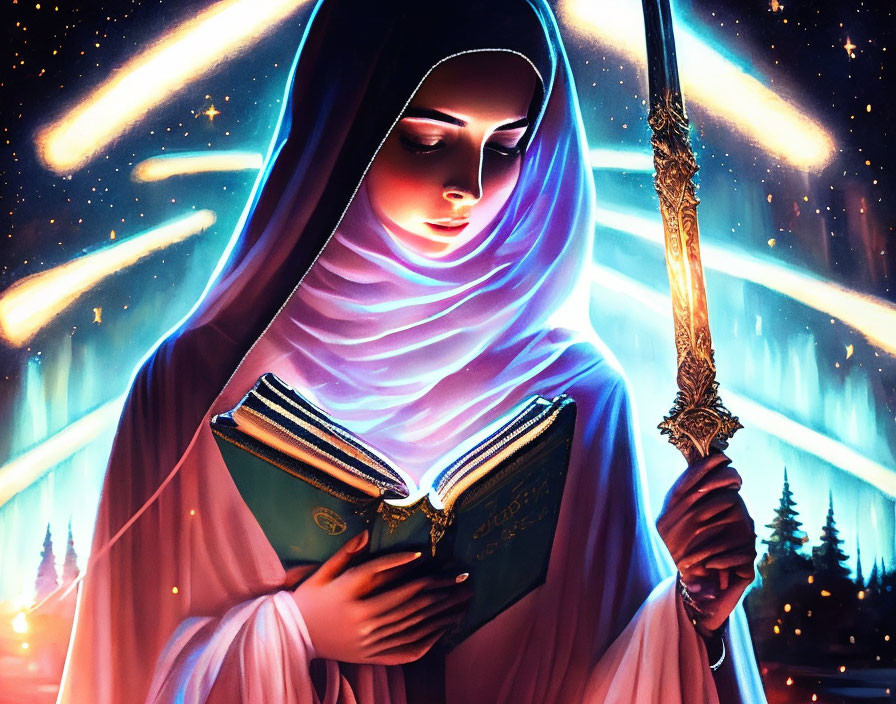 Serene woman in blue veil with book and staff against night sky.