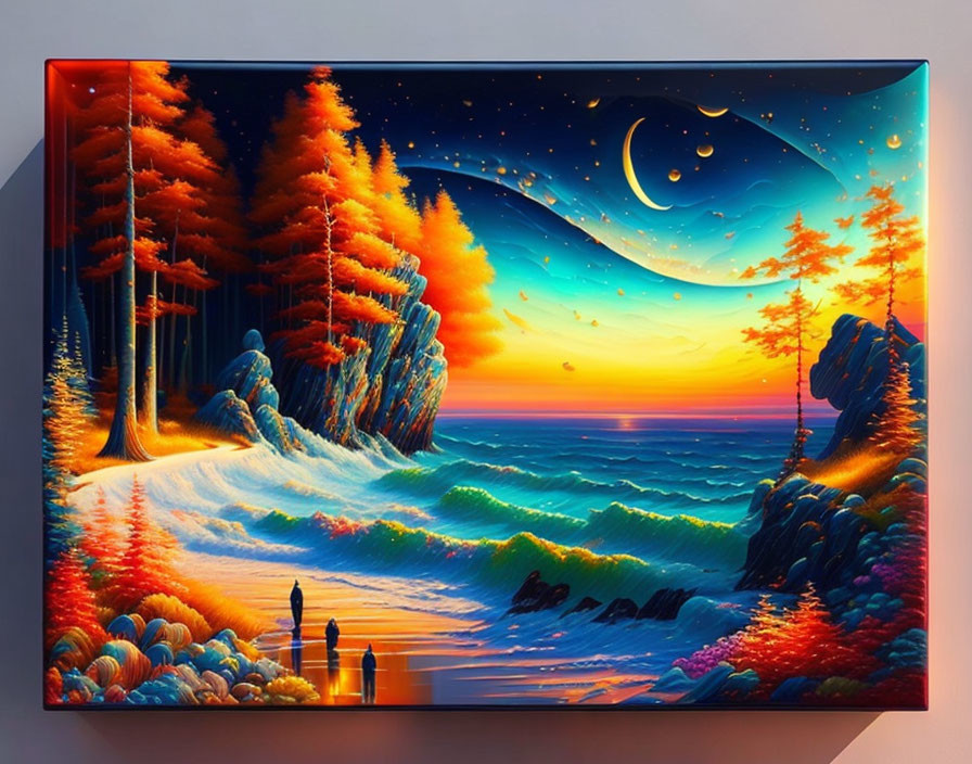 Surreal sunset painting with fiery trees, ocean waves, people, crescent moon