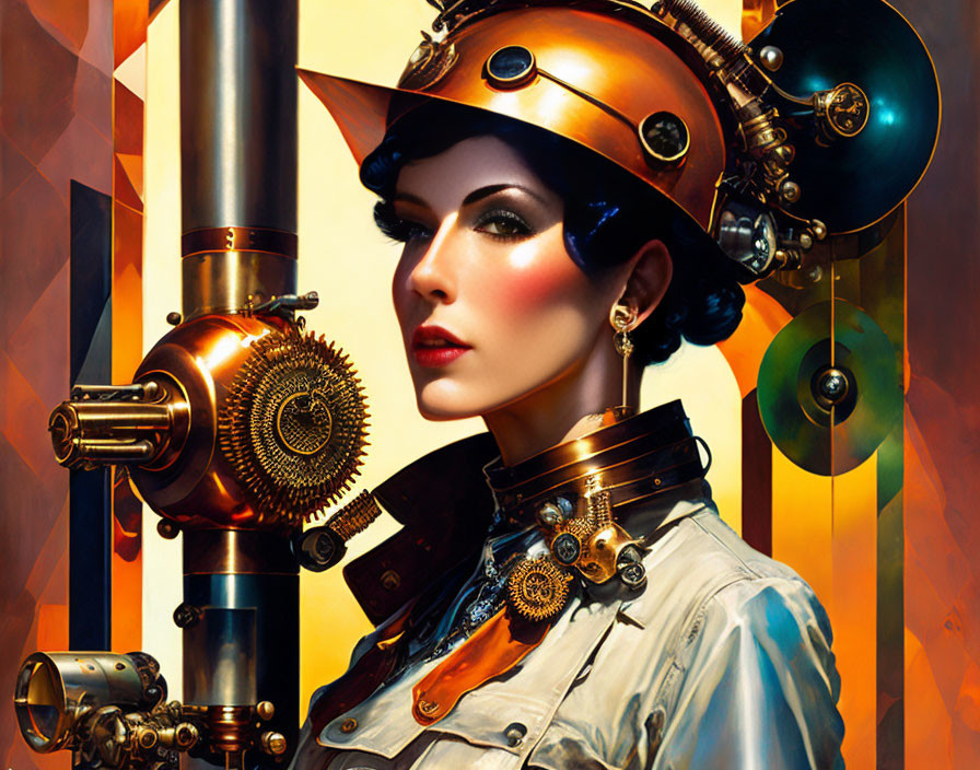 Steampunk-themed woman portrait with intricate headgear and mechanical accessories on geometric backdrop
