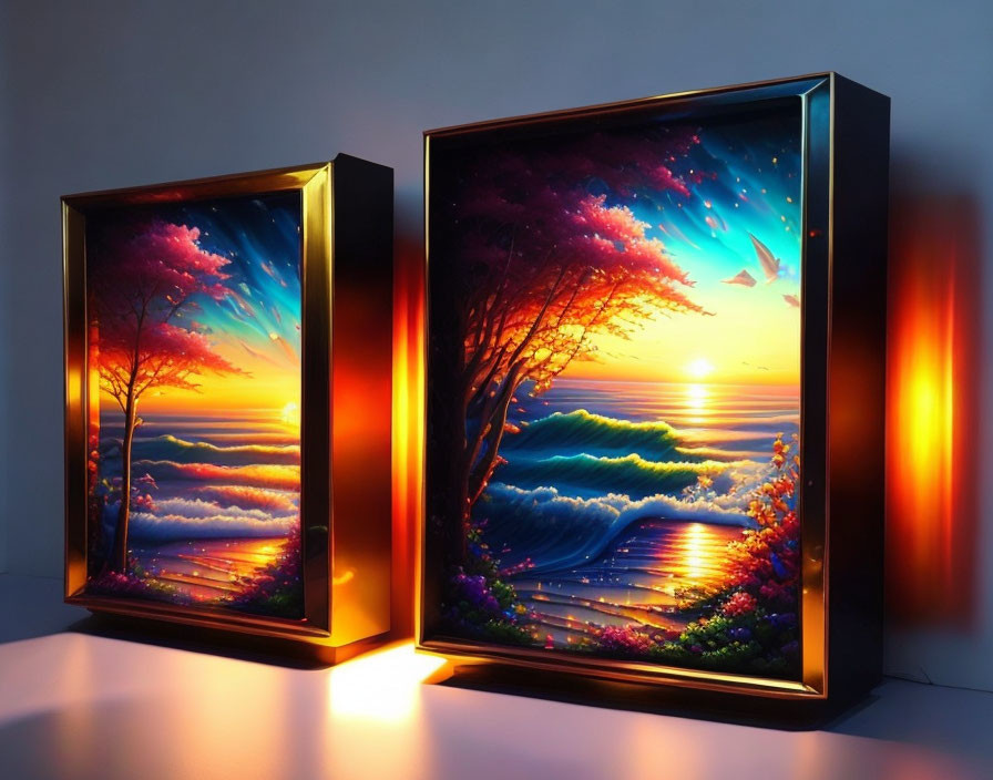 Colorful Backlit Digital Art Pieces of Surreal Landscapes with Trees, Ocean, and Sky