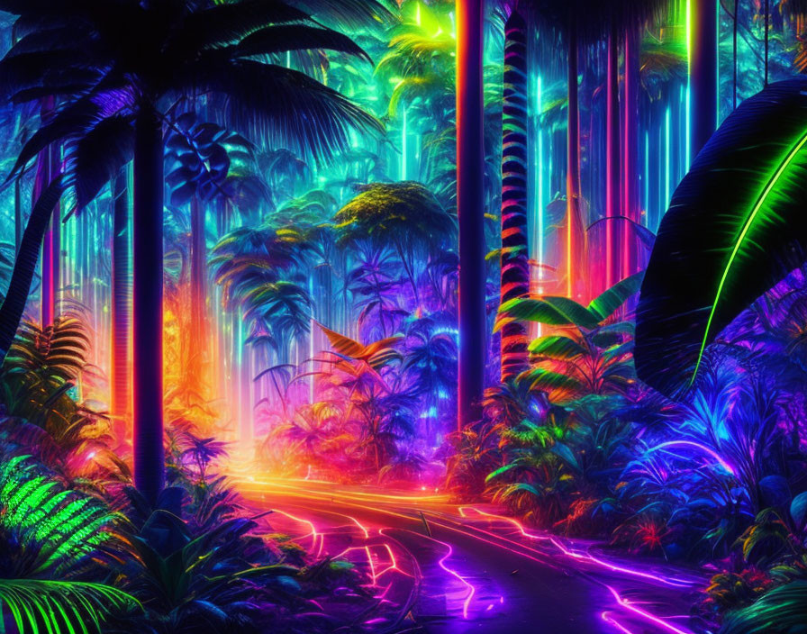 Neon-lit tropical forest with glowing trees and path