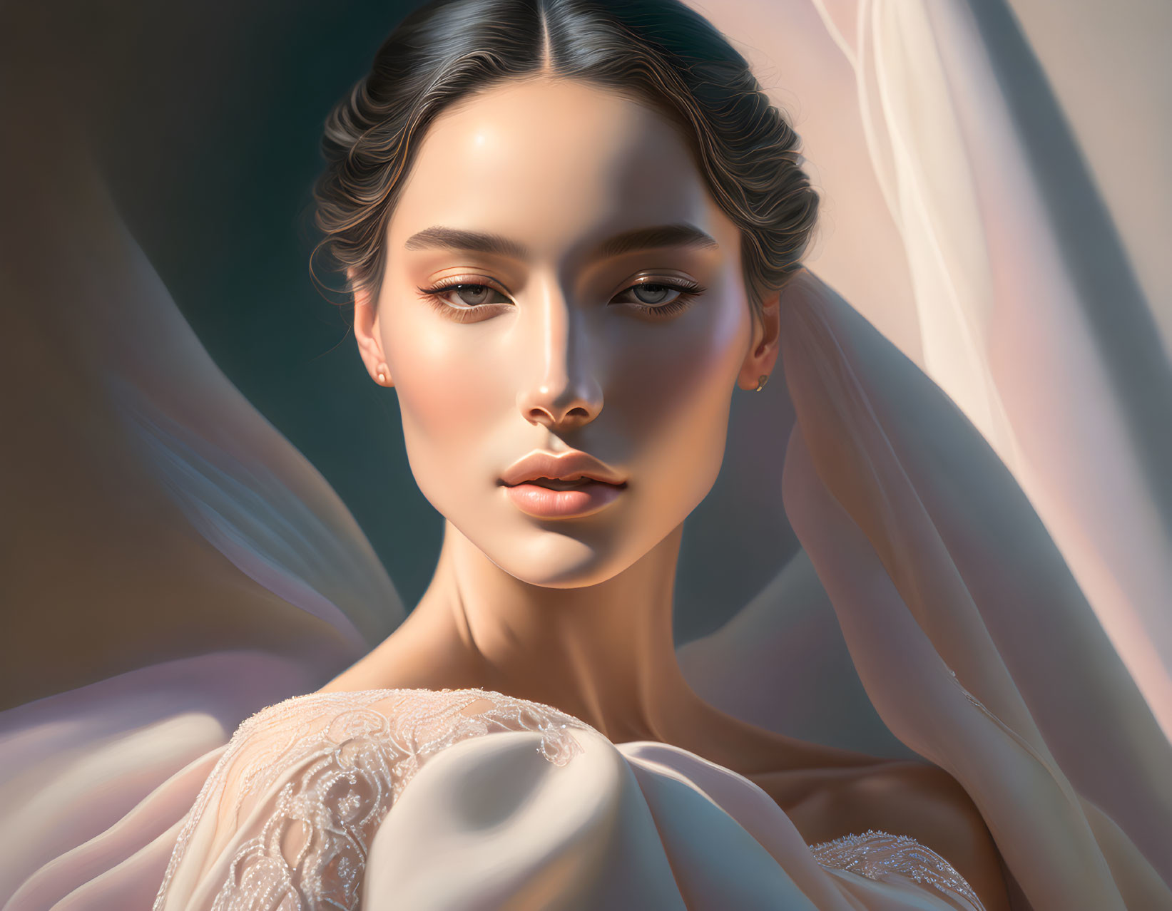 Detailed digital artwork of woman with serene expression, flowing veil, and delicate lace garment in soft lighting