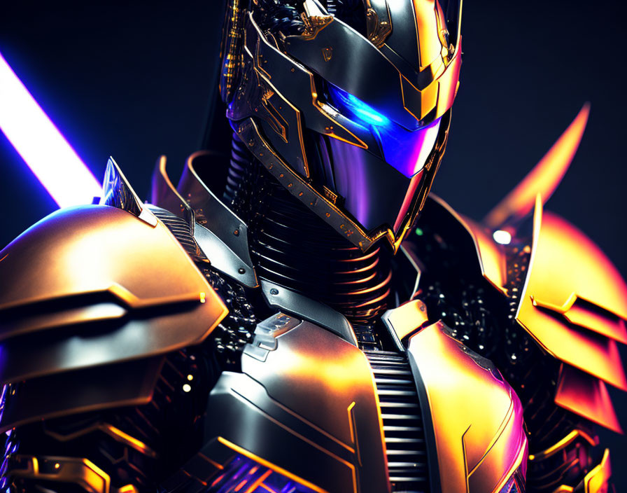 Futuristic Black and Gold Armored Robot with Blue Lights