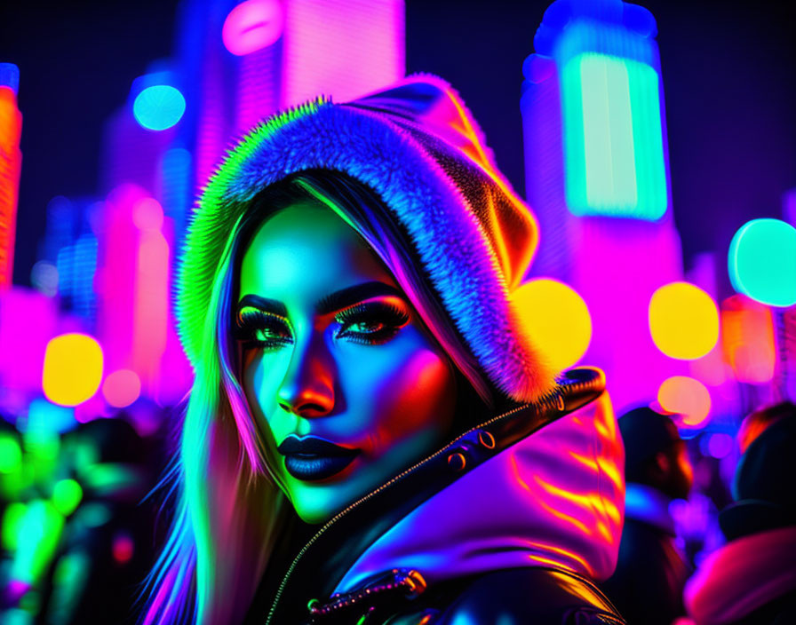Vibrant blues and pinks illuminate woman in hooded jacket under neon city lights
