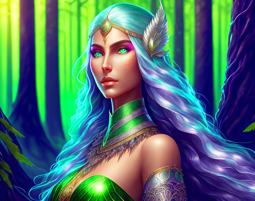 Fantasy elf digital artwork with blue hair in mystical forest